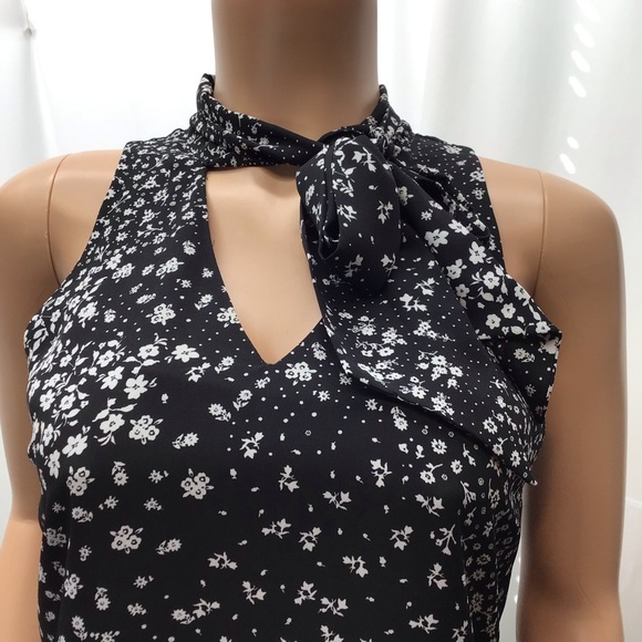 EUC Decree Black Floral Tie Neck Sleeveless Mini Dress Size Small - Picture 3 of 8